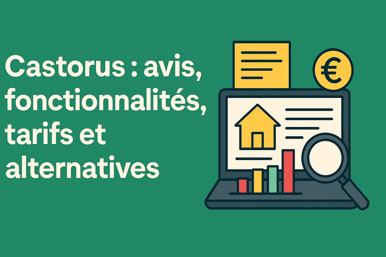 Bannière informative sur Castorus, avis, fonctionnalités, tarifs et alternatives, avec illustrations immobilières et graphiques.