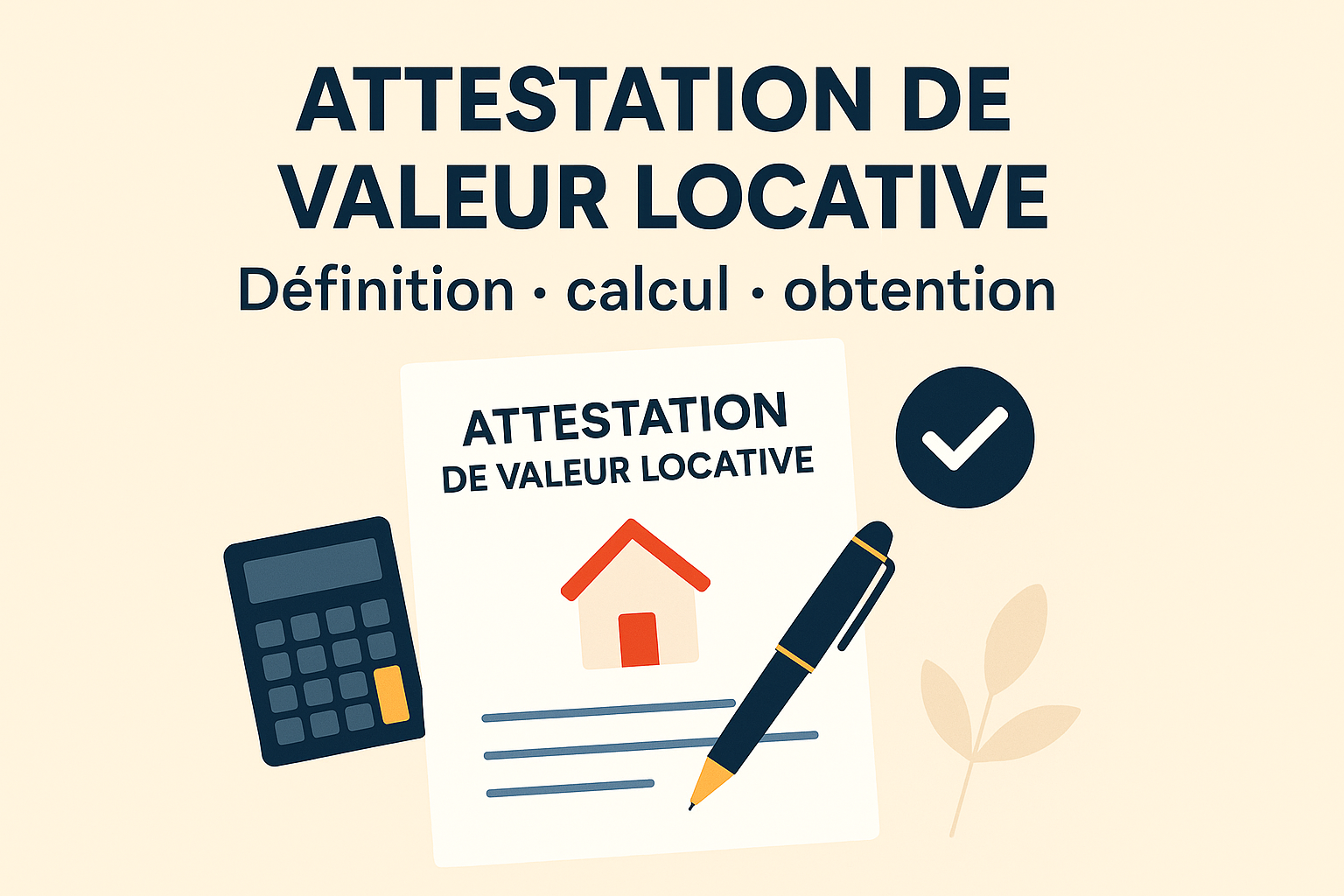 Illustration d’une attestation de valeur locative avec document, calculatrice et stylo, accompagnée d’icônes de validation.