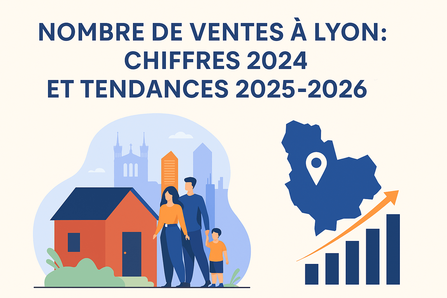 Illustration du marché immobilier à Lyon : famille devant une maison, carte de Lyon et graphique de croissance sur fond de skyline urbaine