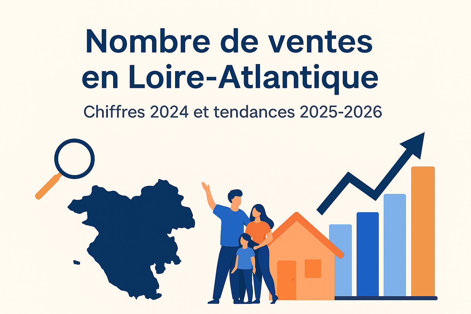 Illustration du marché immobilier en Loire-Atlantique : nombre de ventes, famille devant une maison, carte du département et graphique de croissance